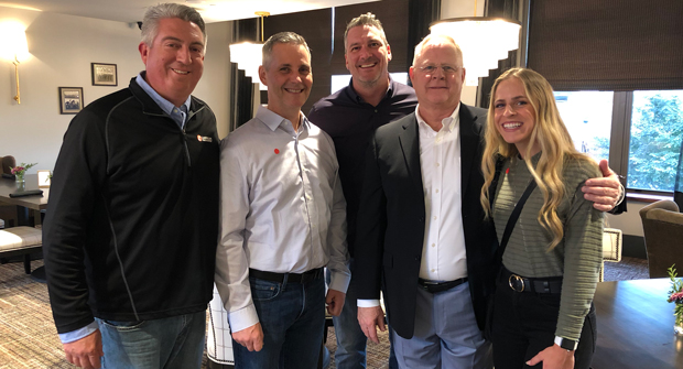 Equipped for success (Left to right) LM Editor-in-Chief Seth Jones, Publisher Bill Roddy, Associate Publisher Craig MacGregor, OPEI President Kris Kiser and Rebecca Kirk of The Davey Tree Expert Co. at the new Equip Exposition office in Louisville. (Photo: LM Staff)